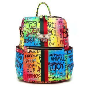 Women Bee Strip Accented Graffiti Fashion Multi Purpose Backpack